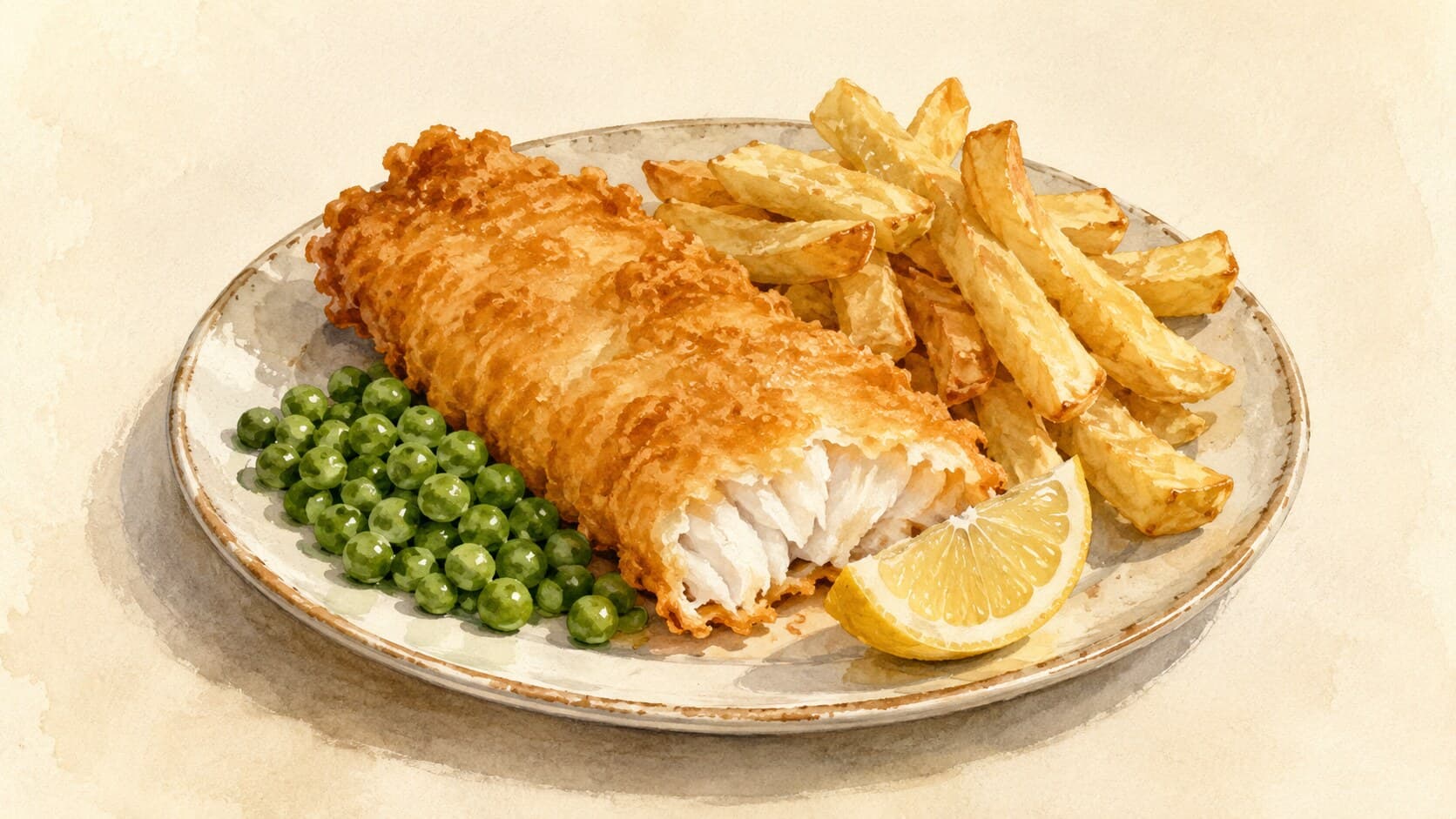 黄金色に揚げられた白身魚のフィレ、厚切りのフライドポテト、マッシュピー、レモンのくし形。
