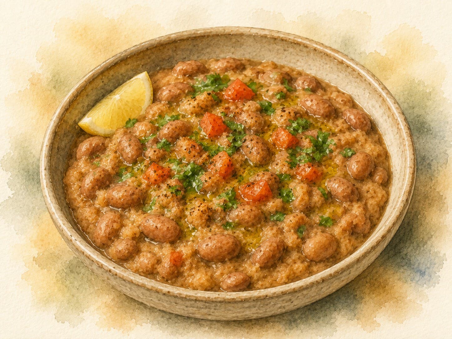 A watercolor illustration of Ful Medames served in a bowl with garnishes.