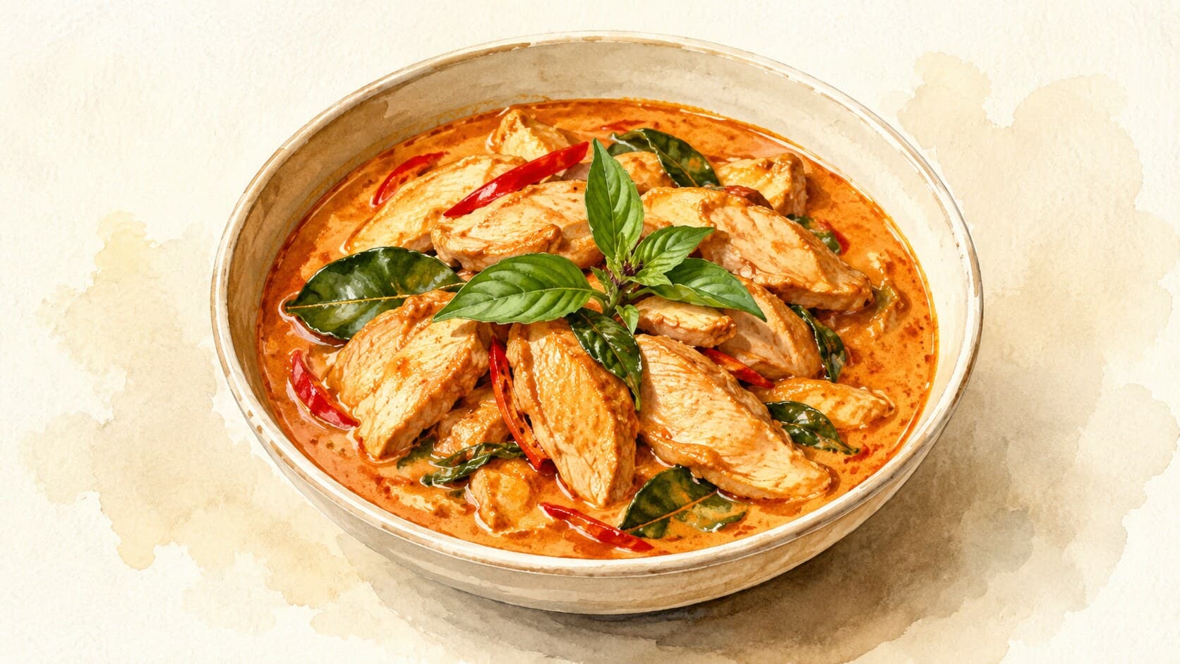 A vibrant bowl of Gaeng Phed Gai featuring chicken pieces, Thai eggplant, and fresh basil.