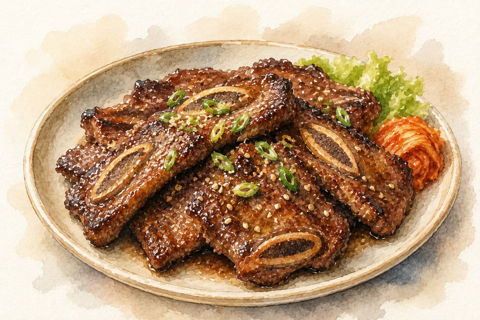 A beautifully illustrated plate of Galbi, featuring grilled short ribs with a warm cream background.
