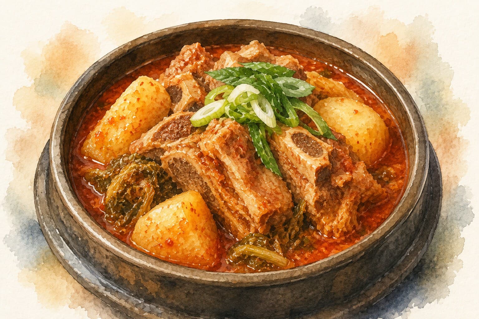 A bowl of Gamjatang featuring tender pork bones, potatoes, and vibrant greens.