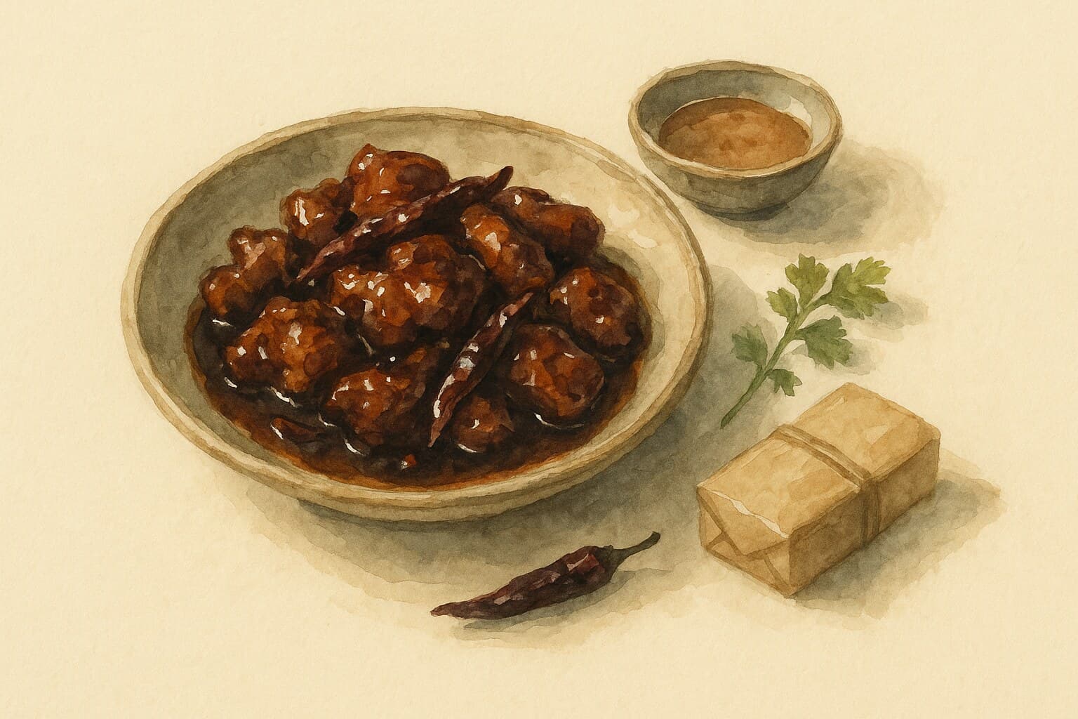 A plate of crispy General Tso's Chicken garnished with dried chilies and green onions.