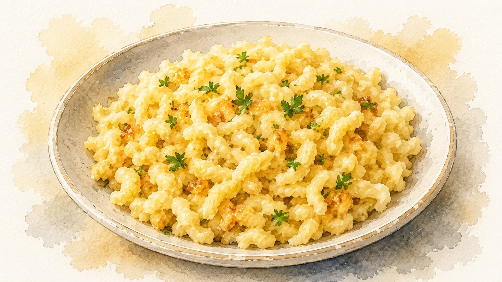 A plate of rustic spaetzle dumplings tossed in butter, set against a warm cream background.