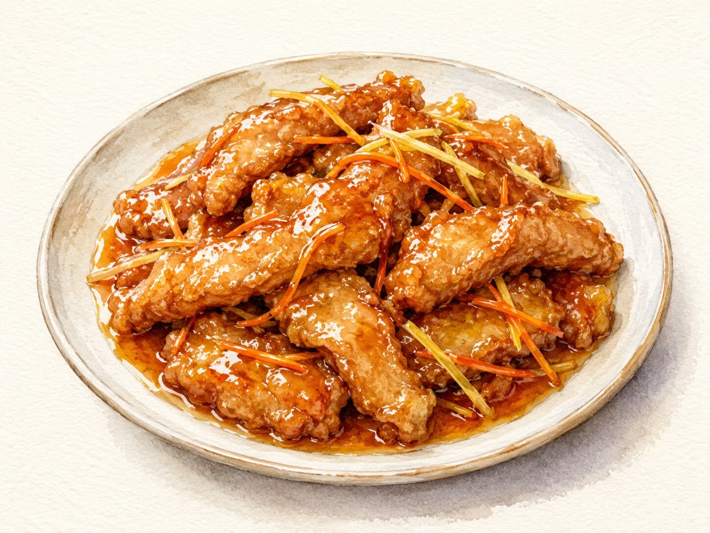 鍋包肉の美味しそうなイラスト、サクサクの豚肉がソースに浸かっている様子