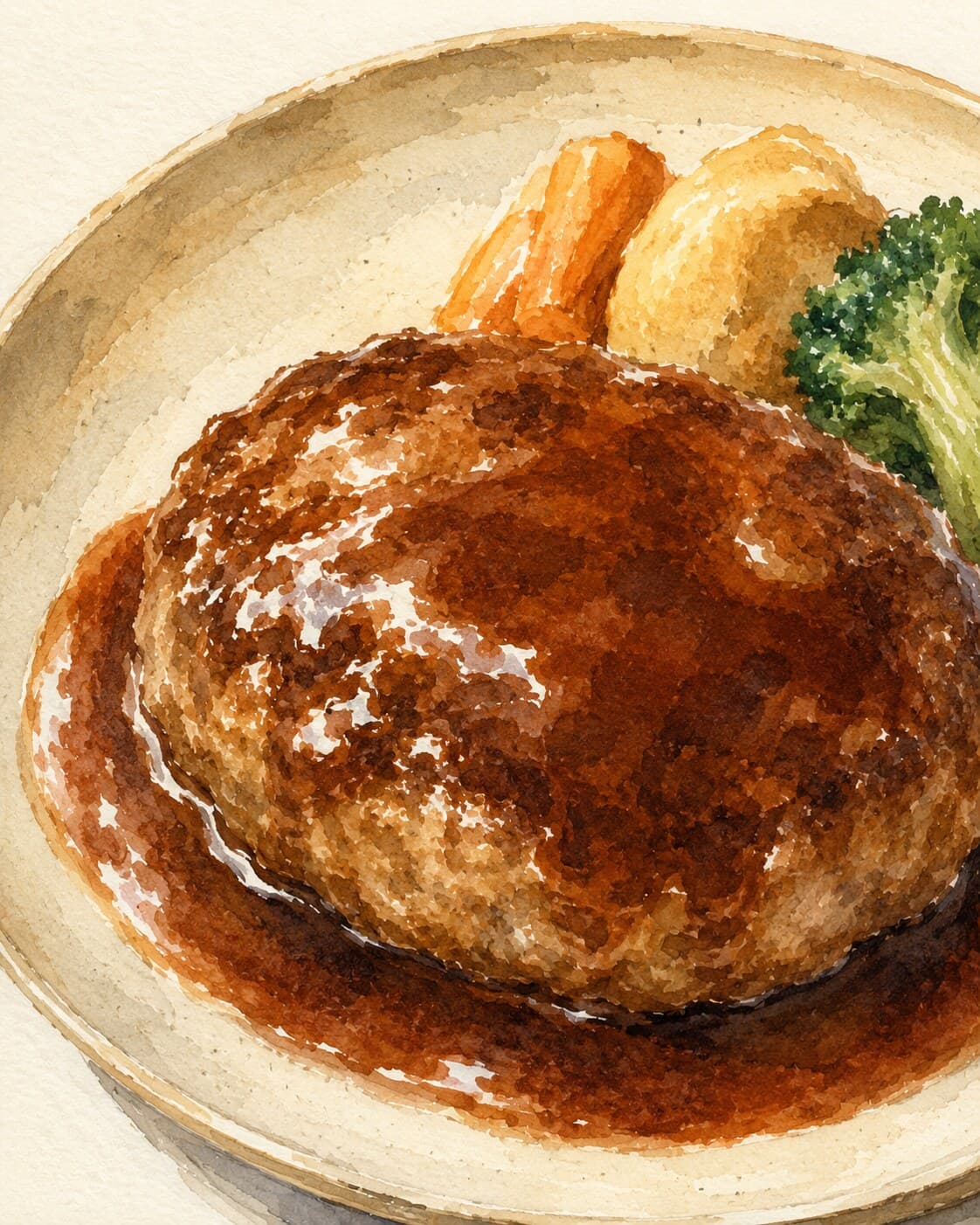A beautifully plated Japanese Hambagu steak with a rich sauce, garnished with vegetables.