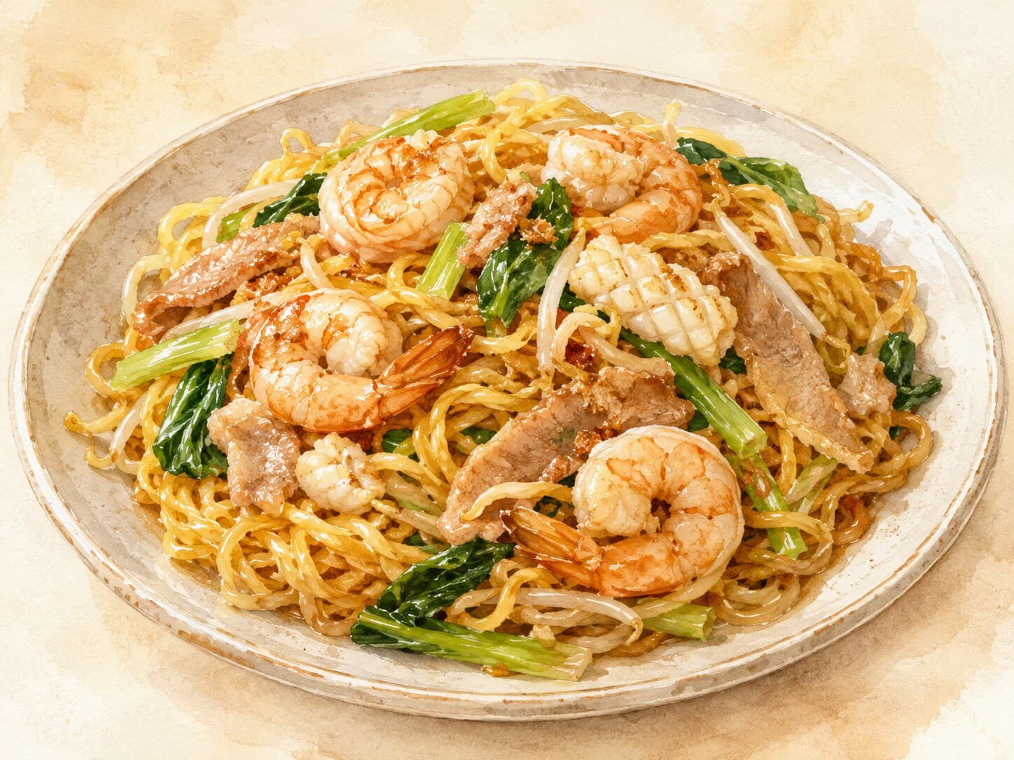 エビやイカがトッピングされた焼きそばの皿、ライムとサンバルが添えられています。