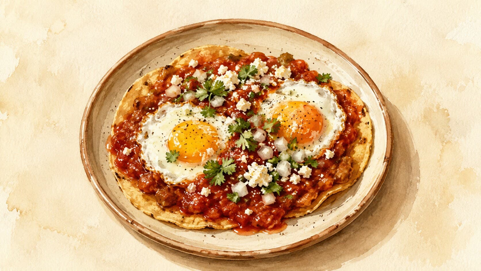 Two sunny-side-up eggs on a corn tortilla with red salsa, crumbled queso, and cilantro.