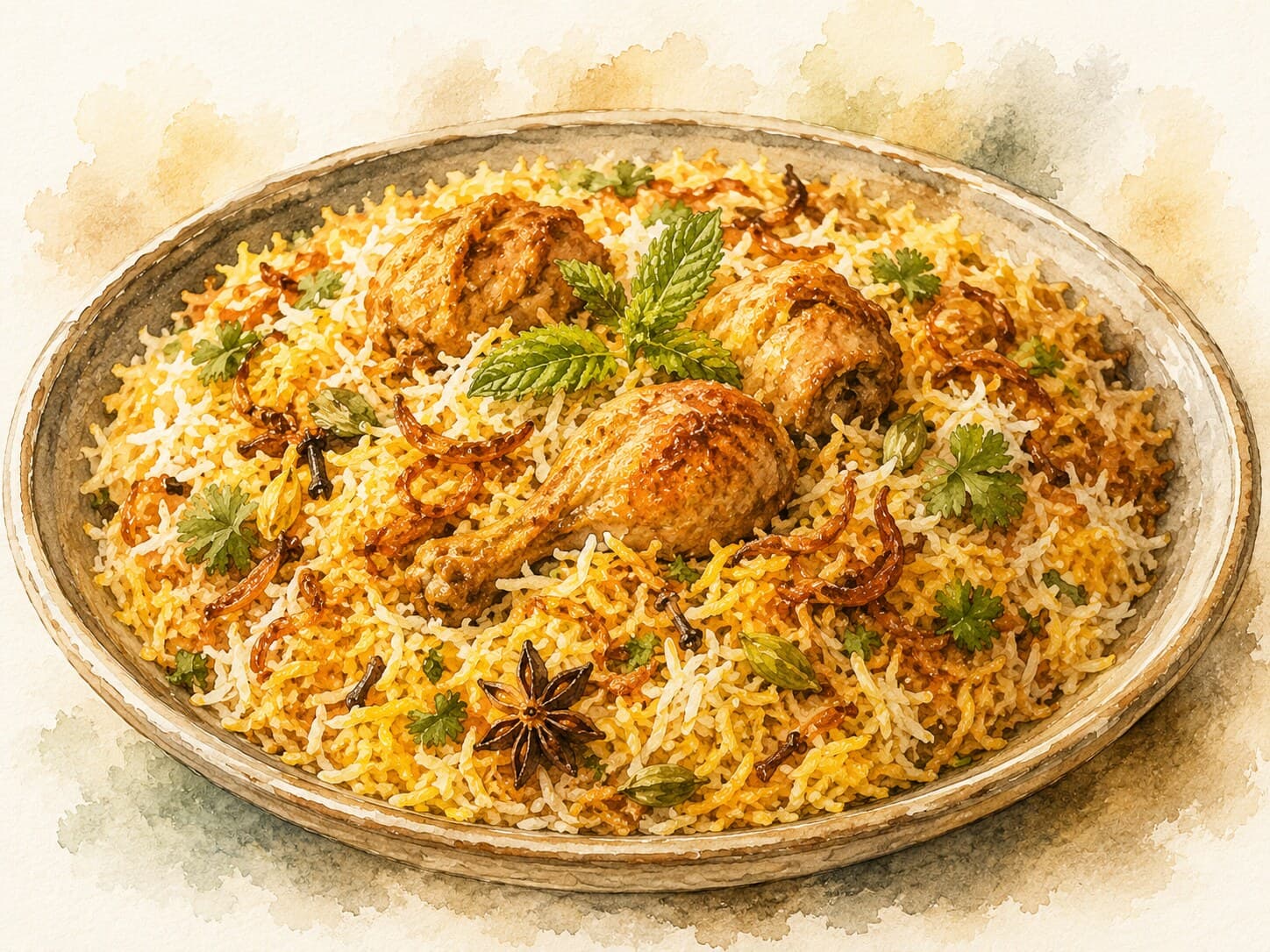 A beautifully illustrated bowl of Hyderabadi Biryani featuring saffron rice and tender marinated meat.