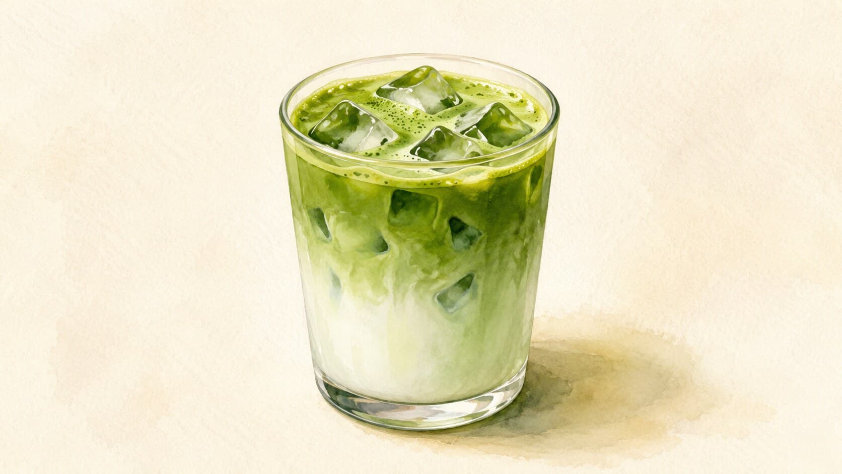 A layered iced matcha latte with vibrant green matcha and creamy milk over ice in a clear glass.