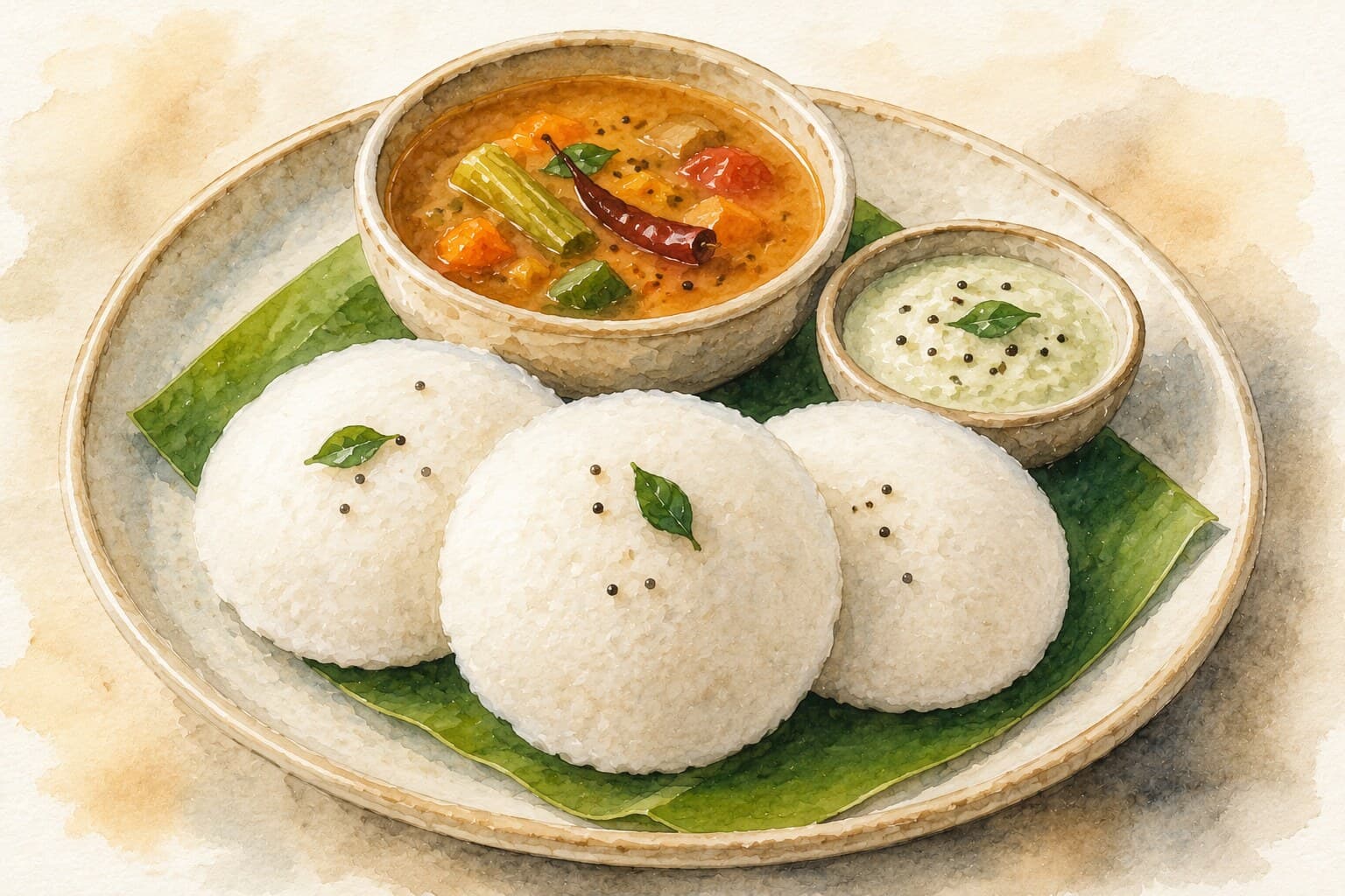 A plate of Idli, soft and spongy steamed rice cakes, presented on a warm cream background.