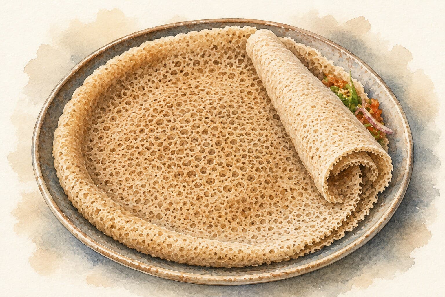 A beautiful watercolor illustration of injera on a warm cream background, showcasing its texture and characteristic 'eyes'.