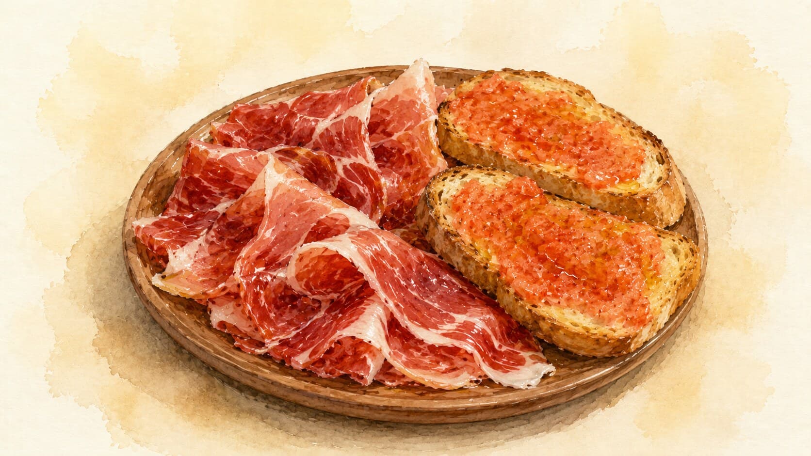 Plate with ruby-red sliced jamón ibérico alongside a slice of toasted bread rubbed with tomato pulp, glossy with olive oil.