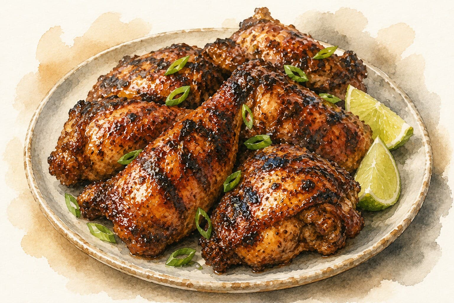 A beautifully illustrated plate of Jamaican Jerk Chicken, showcasing its charred exterior and aromatic spices.