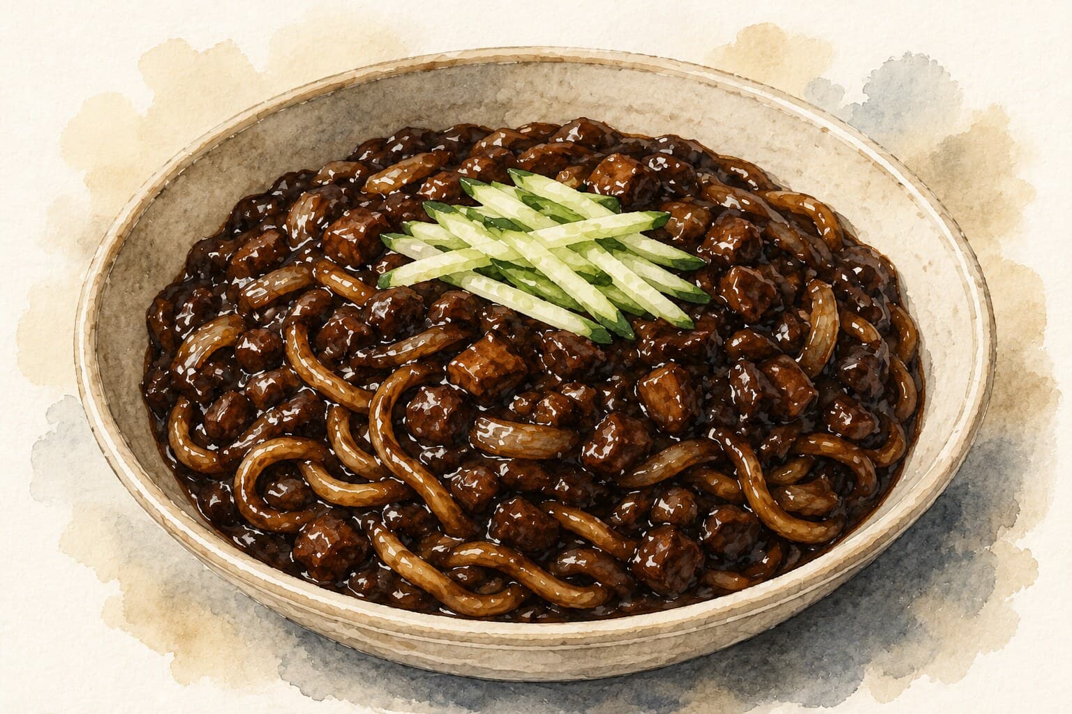 A bowl of Jjajangmyeon featuring glossy black bean noodles topped with diced pork and vegetables.