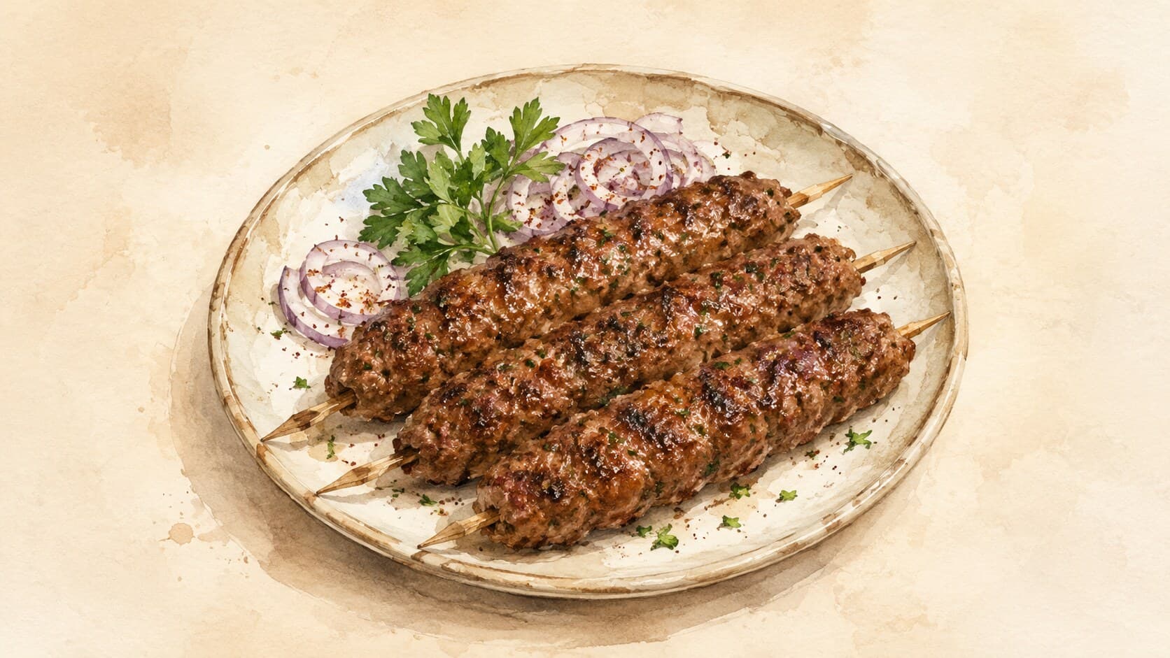 チャーシューしたグラウンドミートの串焼きが、グリルしたトマトと玉ねぎの横に並んでいます。