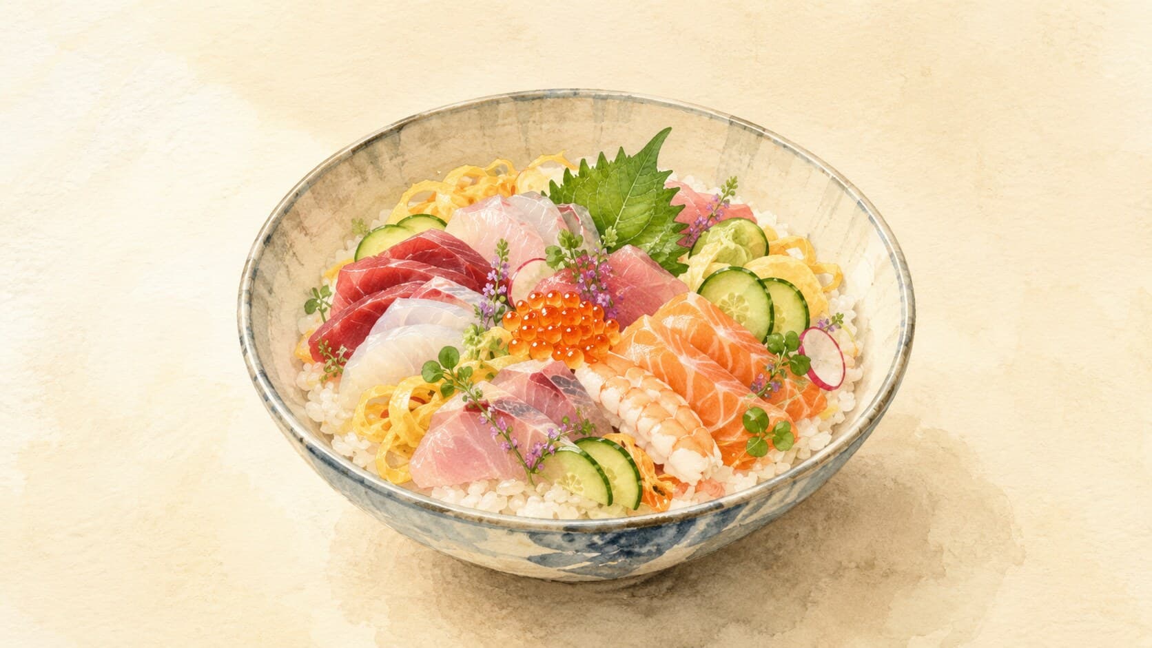 A beautifully arranged kaisen-don with slices of raw seafood atop vinegared rice, garnished with shiso and wasabi.