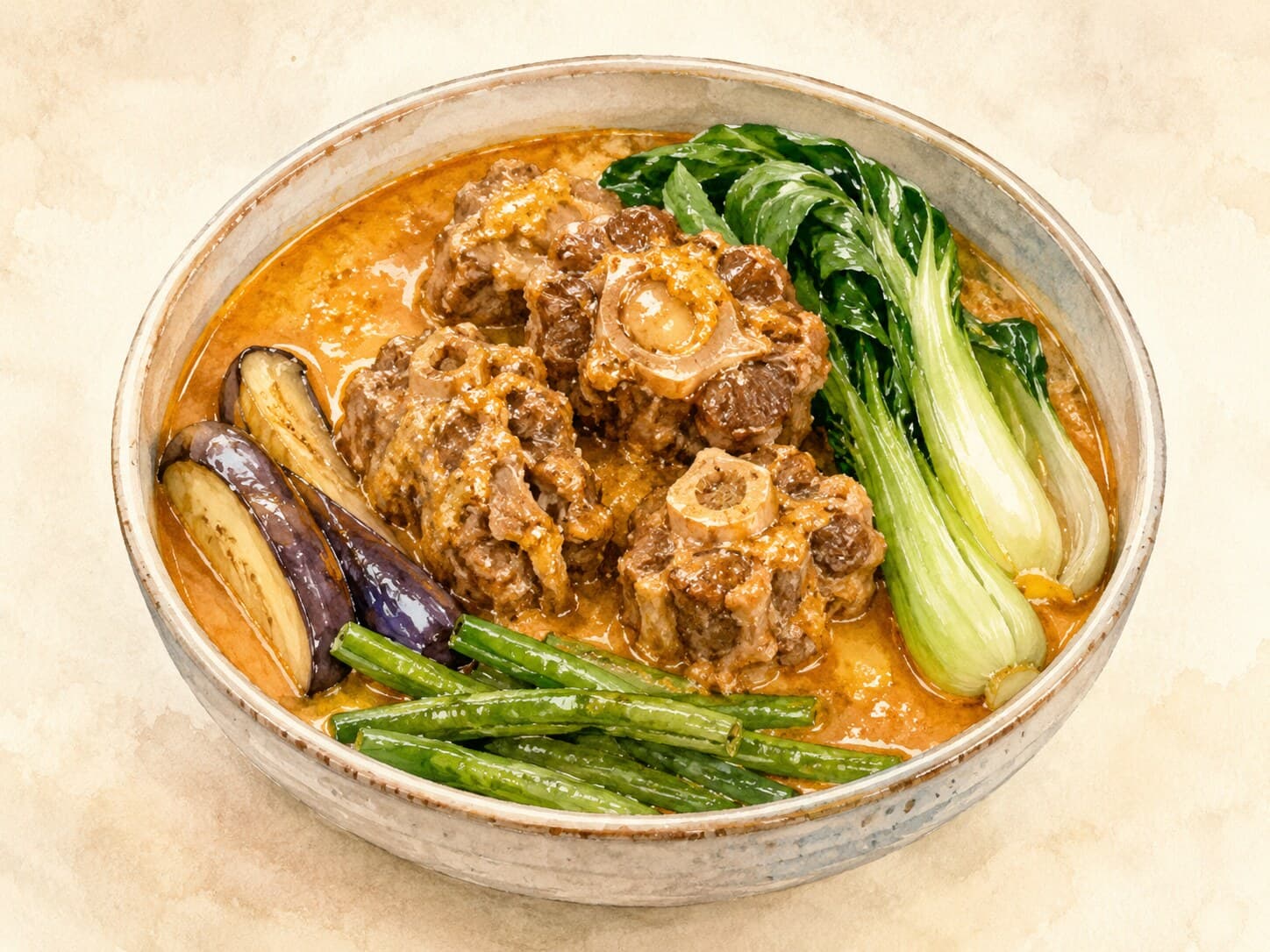 A thick orange-brown peanut stew with oxtail, eggplant, and long beans, accompanied by a dish of pink-grey shrimp paste.