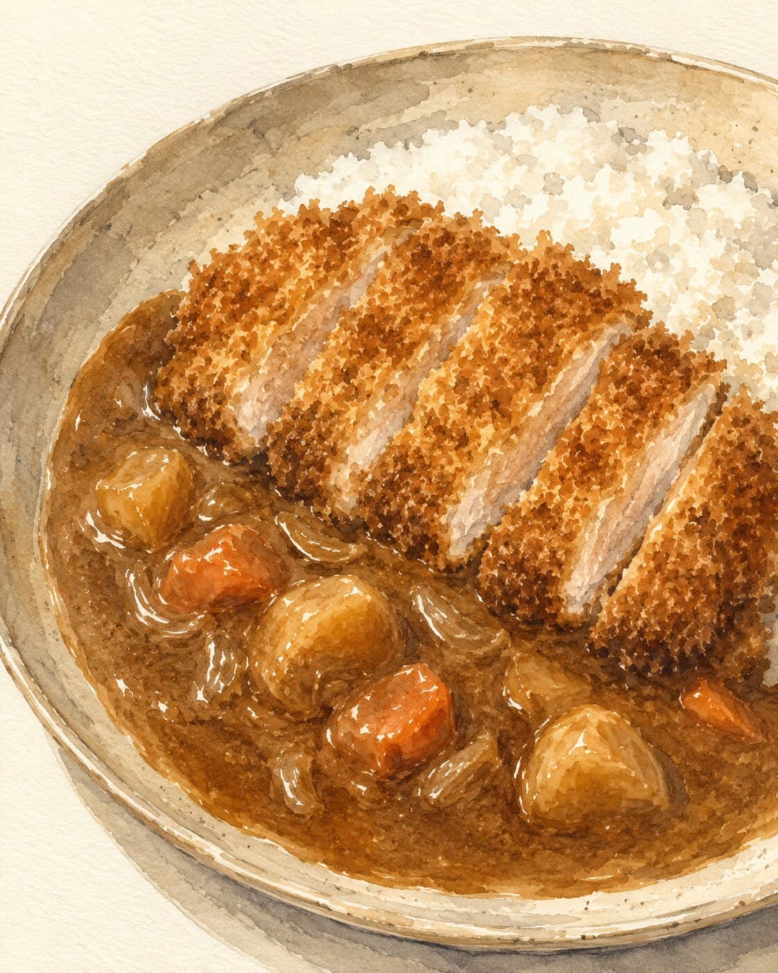 A beautifully plated katsu curry featuring a crispy cutlet over rich curry sauce and fluffy rice.