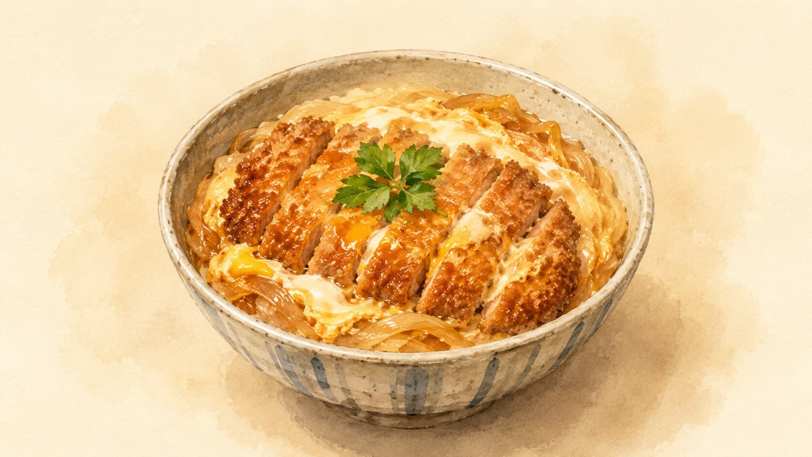 A donburi bowl filled with sliced pork cutlet, glossy soft egg, and garnished with finely sliced green onion.