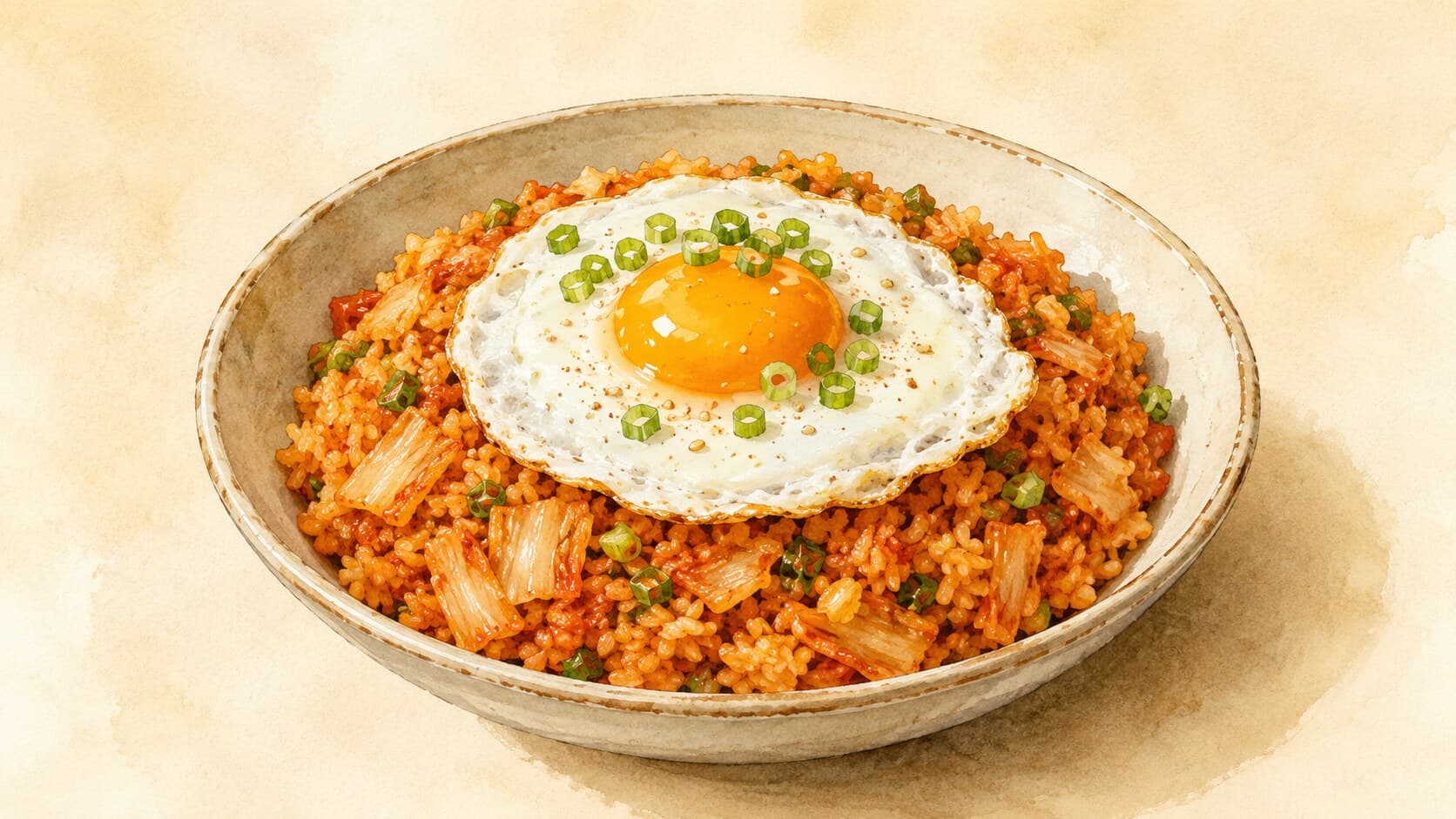 深紅のキムチ炒飯が、黄身が流れる目玉焼きと共に盛り付けられた一皿。