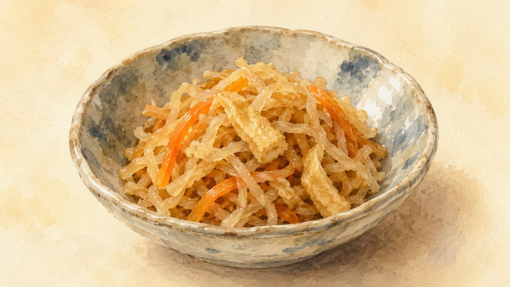 A small ceramic bowl filled with tender pale-amber daikon strips, orange carrot threads, and beige abura-age, glistening with simmering liquid.