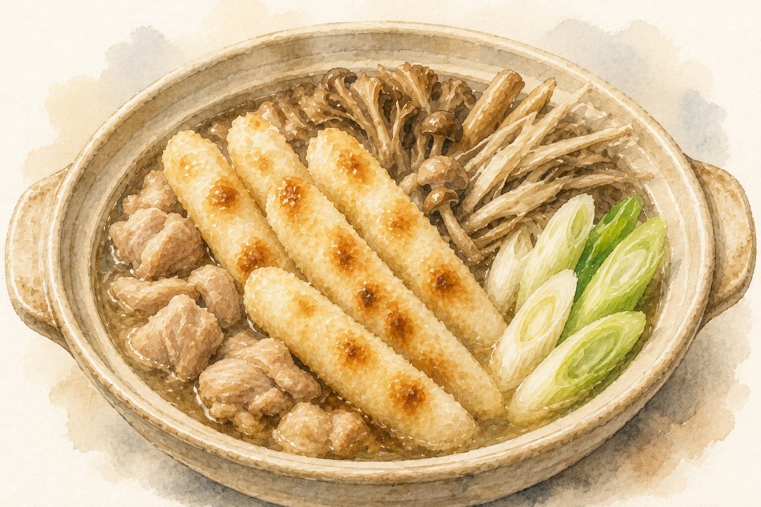 A beautifully illustrated bowl of Kiritanpo Nabe with skewers of pounded rice and vibrant vegetables in a rich broth.