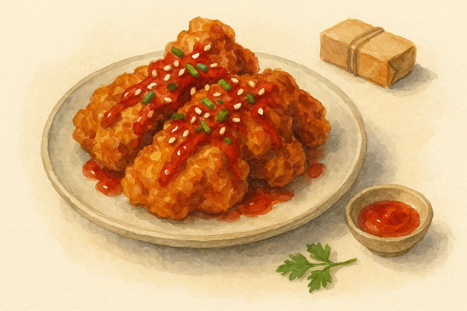A plate of crispy Korean Fried Chicken garnished with sesame seeds and green onions.