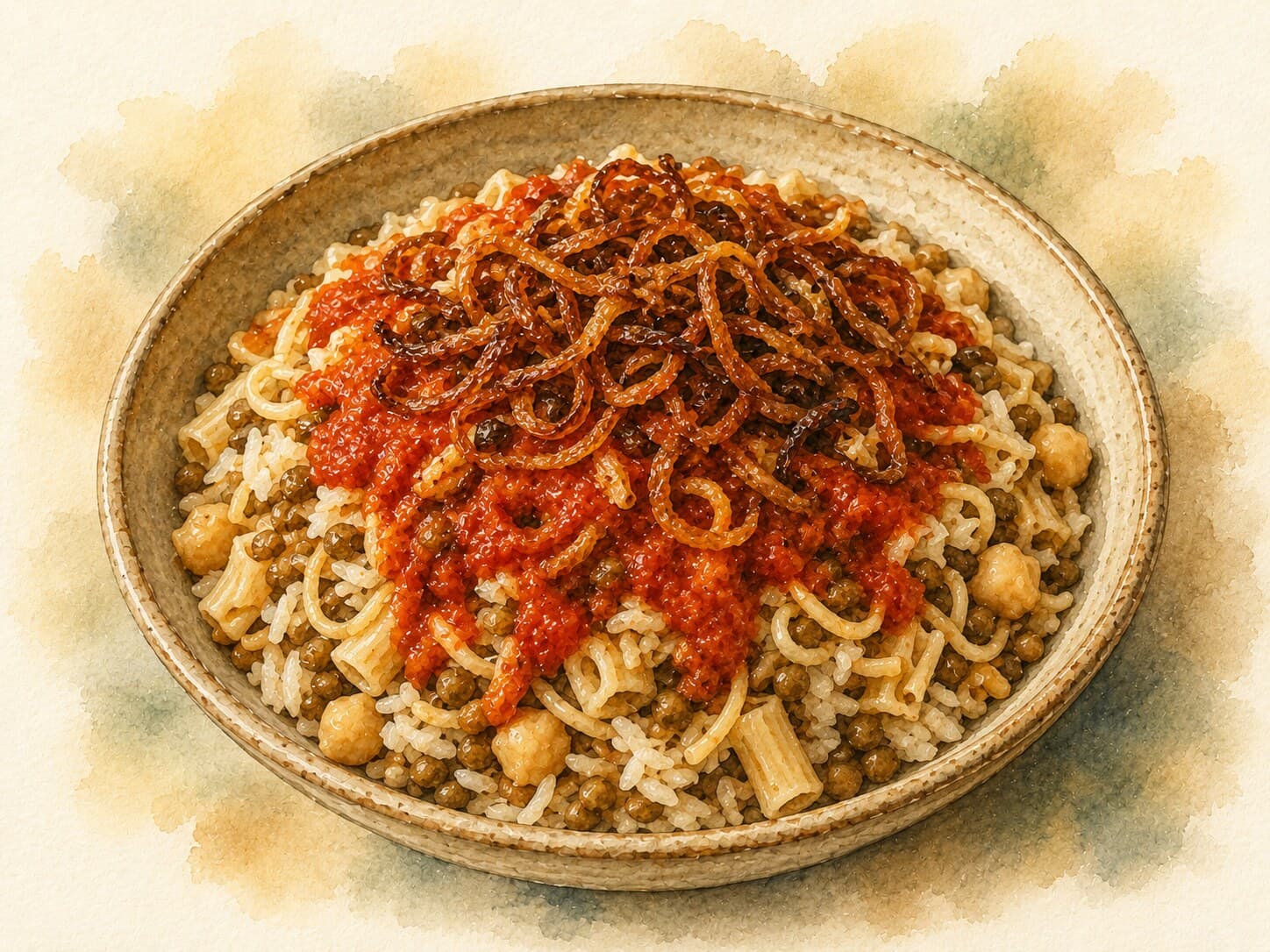 A watercolor depiction of Koshari, showcasing layers of rice, lentils, pasta, and chickpeas topped with fried onions.