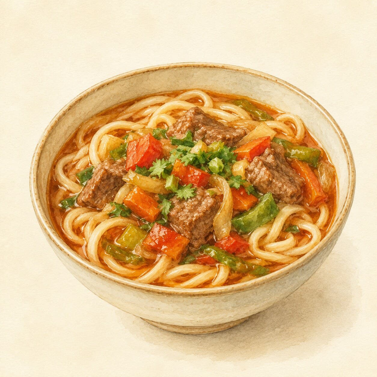 手作り引き抜き麺と肉、野菜の鮮やかな皿。