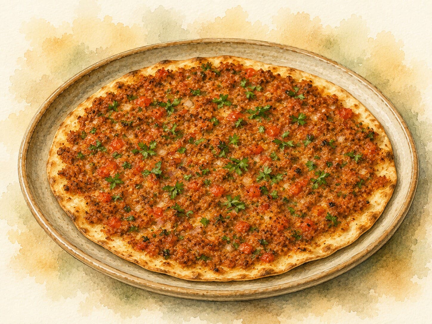 A watercolor illustration of Lahmacun, showcasing its thin, crisp edges and spiced meat topping on a warm cream background.