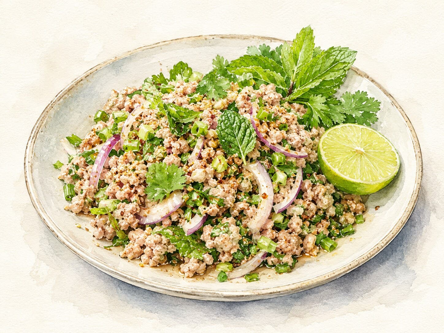 ラープ(ラオスの挽き肉サラダ)が盛り付けられた皿の水彩画