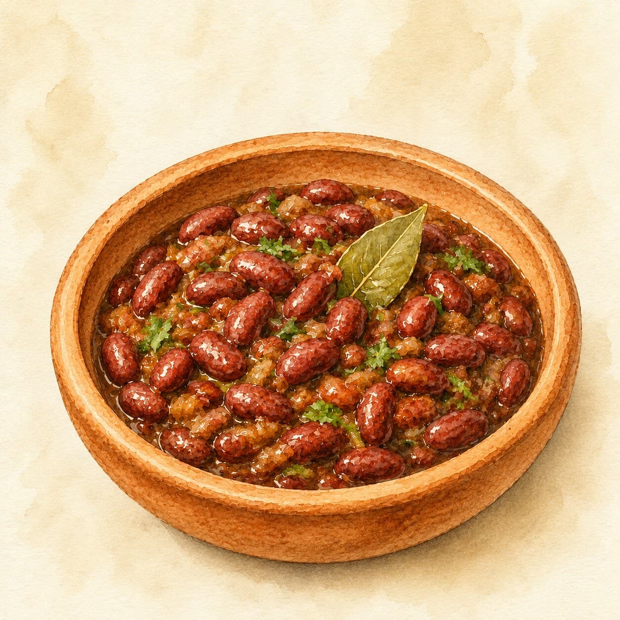 A vibrant bowl of Georgian lobio stew garnished with fresh herbs and walnuts.