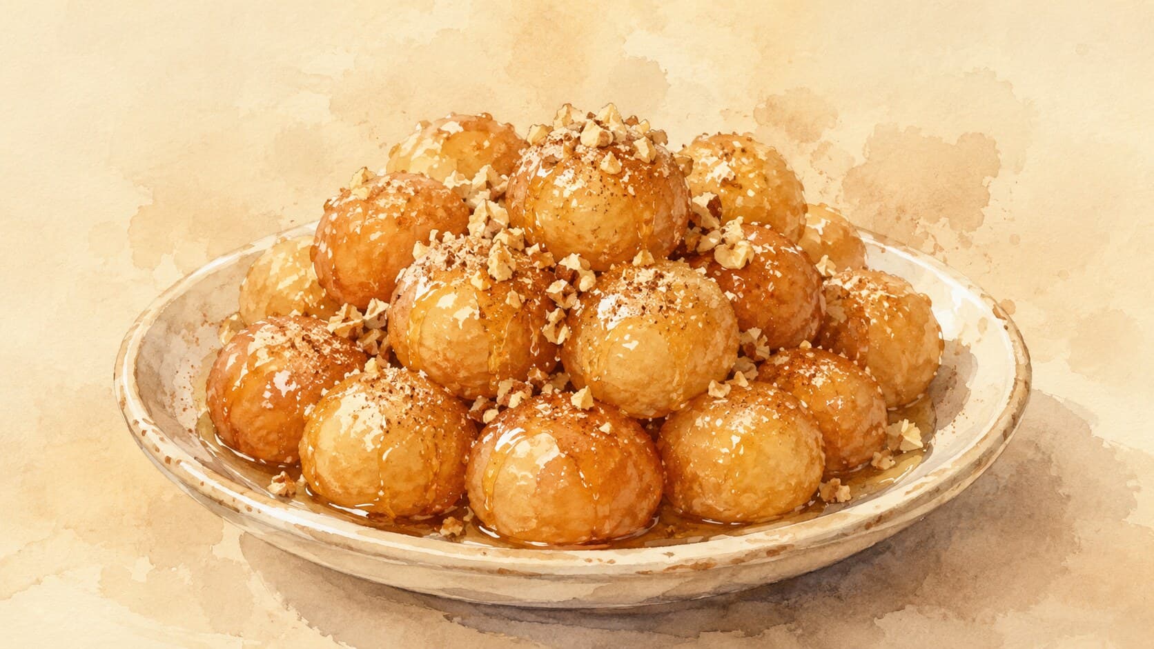 A bowl of golden round dough balls glossy with honey syrup, scattered with chopped walnuts and sesame seeds.