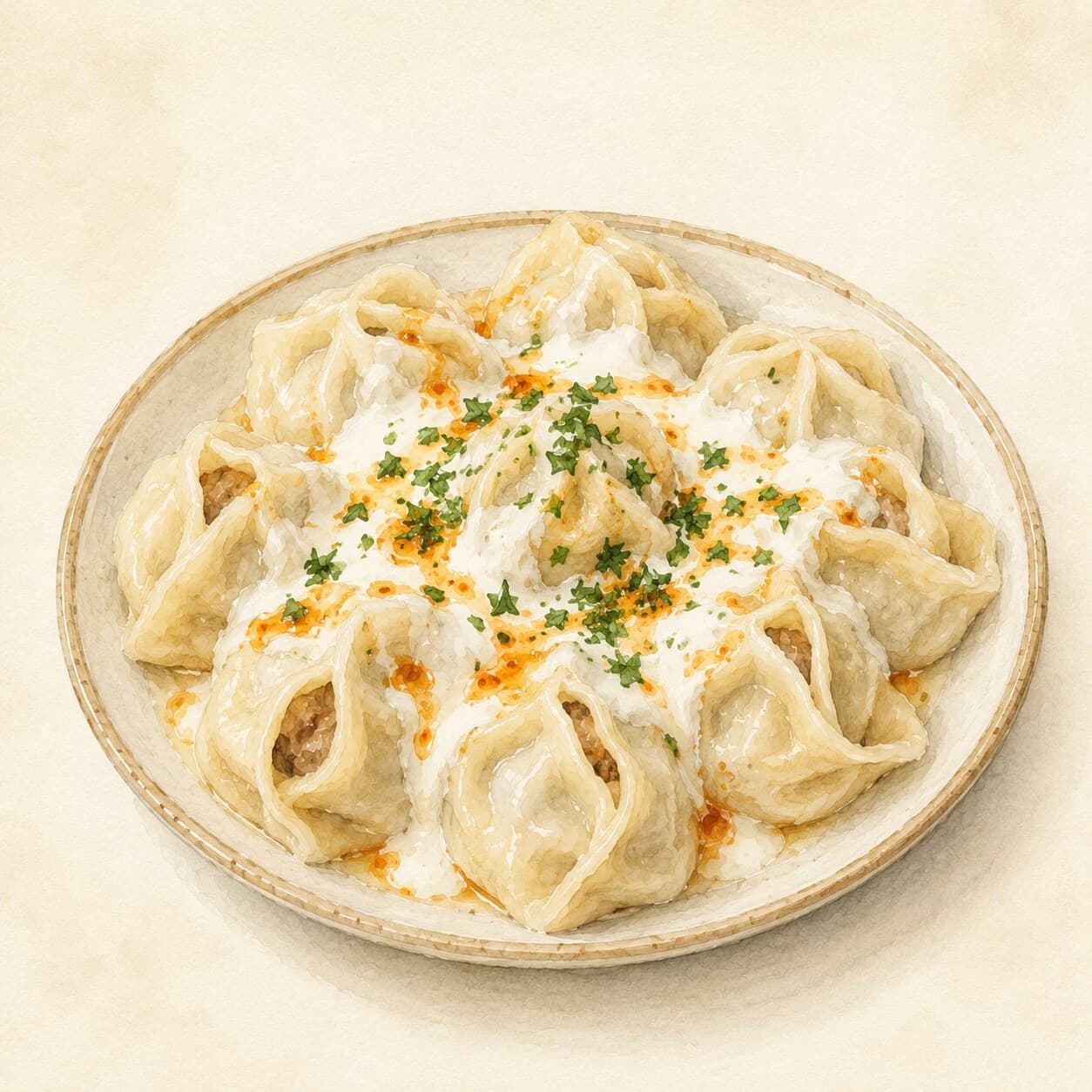 A plate of manti dumplings drizzled with yogurt sauce and paprika butter, garnished with herbs.