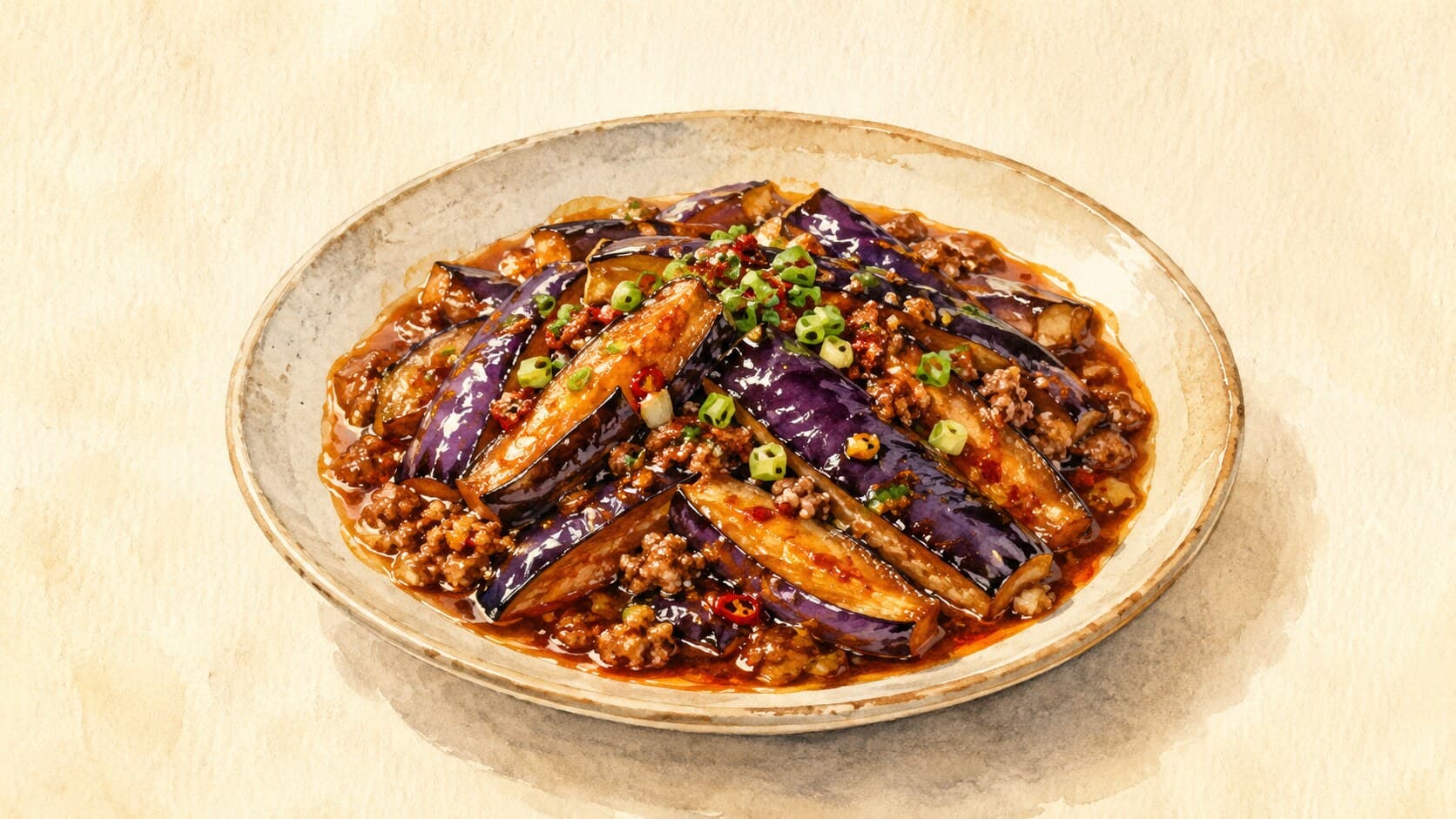 A glossy dark-red bowl filled with tender eggplant chunks coated in mahogany doubanjiang sauce and ground pork, garnished with green onion.