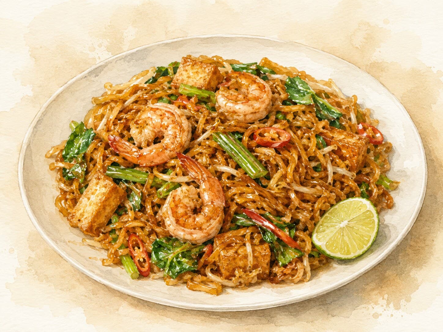 Glossy reddish-brown fried yellow noodles with tofu puffs, egg, potato, greens, and a lime wedge.