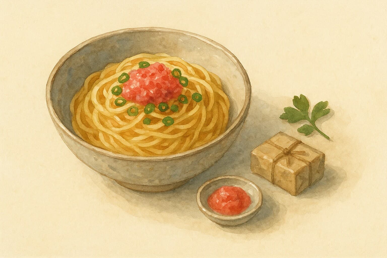A bowl of creamy Mentaiko Pasta garnished with nori and shiso leaves.