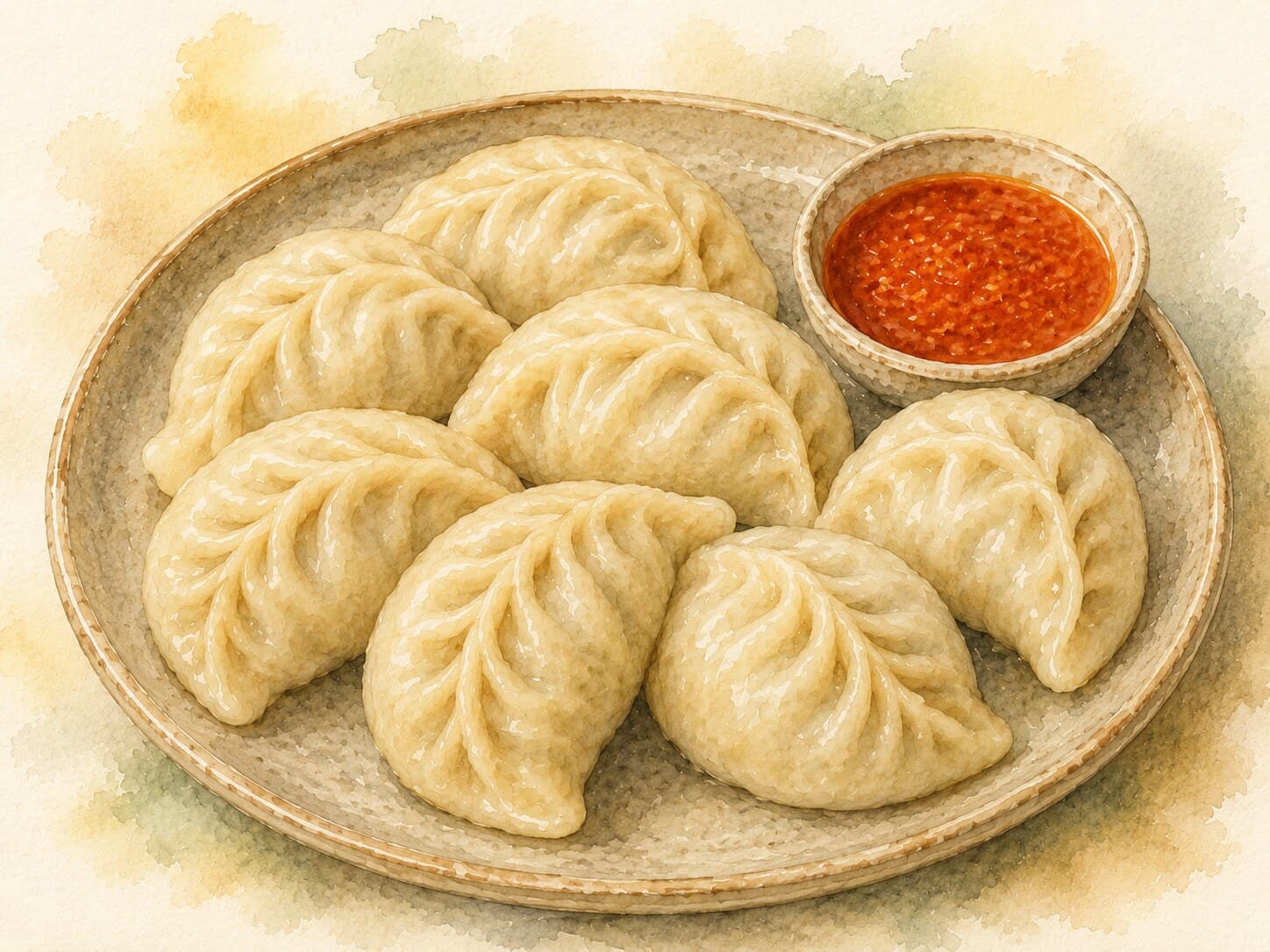 A watercolor illustration of soft steamed momo dumplings on a warm cream background.