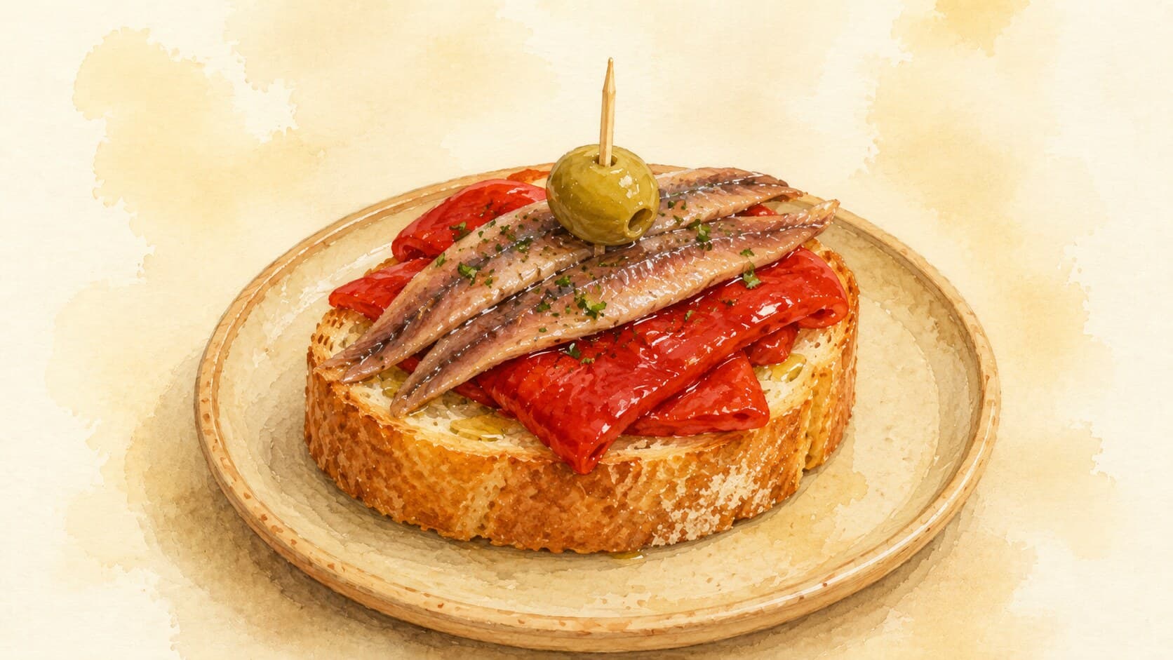 A small round toasted bread topped with piquillo pepper, anchovy, and an olive, held together with a toothpick.