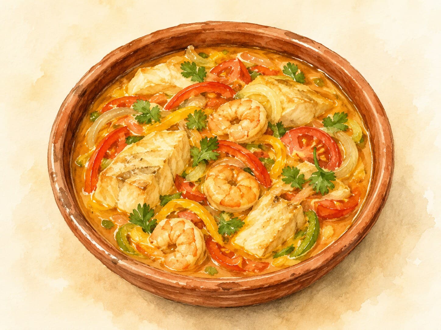 A colorful bowl of Moqueca, showcasing vibrant layers of fish, peppers, and coconut milk.
