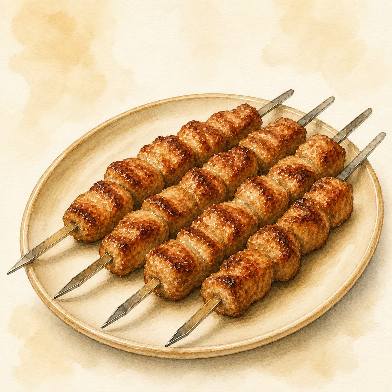 An artistic representation of skewers with grilled chunks of meat, showcasing a golden-brown crust.