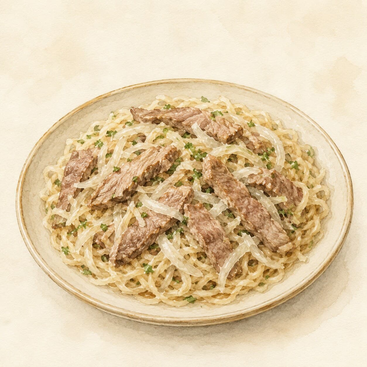 ナリンの皿に盛られた手切りの細い麺と肉のストリップ、玉ねぎのスライスが特徴です。