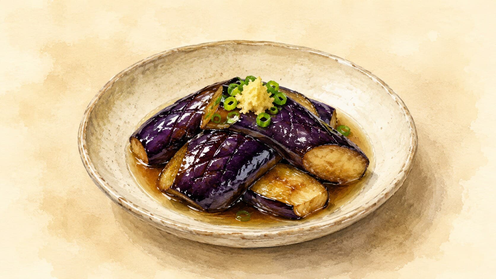 Shallow ceramic bowl of glossy purple-and-amber eggplant halves submerged in clear amber dashi broth, dressed with grated ginger and finely sliced green onion.