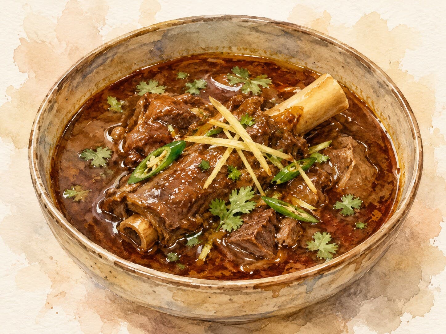 A beautifully illustrated bowl of Nihari with tender beef shank and aromatic spices.