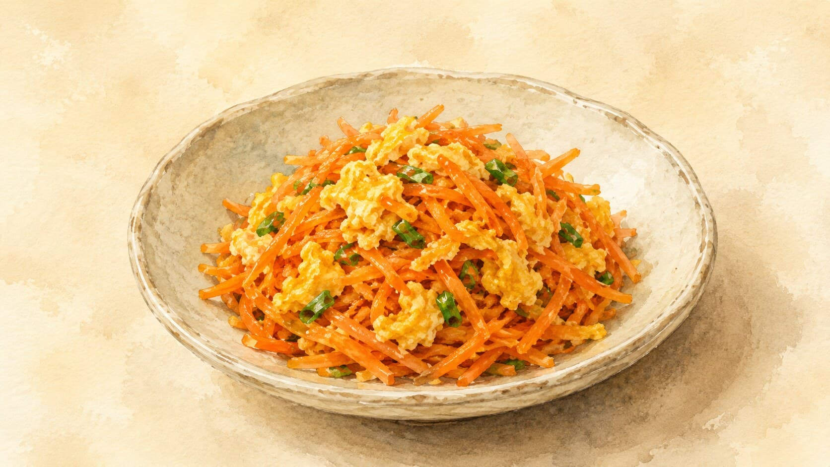 A small ceramic bowl filled with bright-orange carrot strips mixed with golden cooked egg and flakes of tuna.