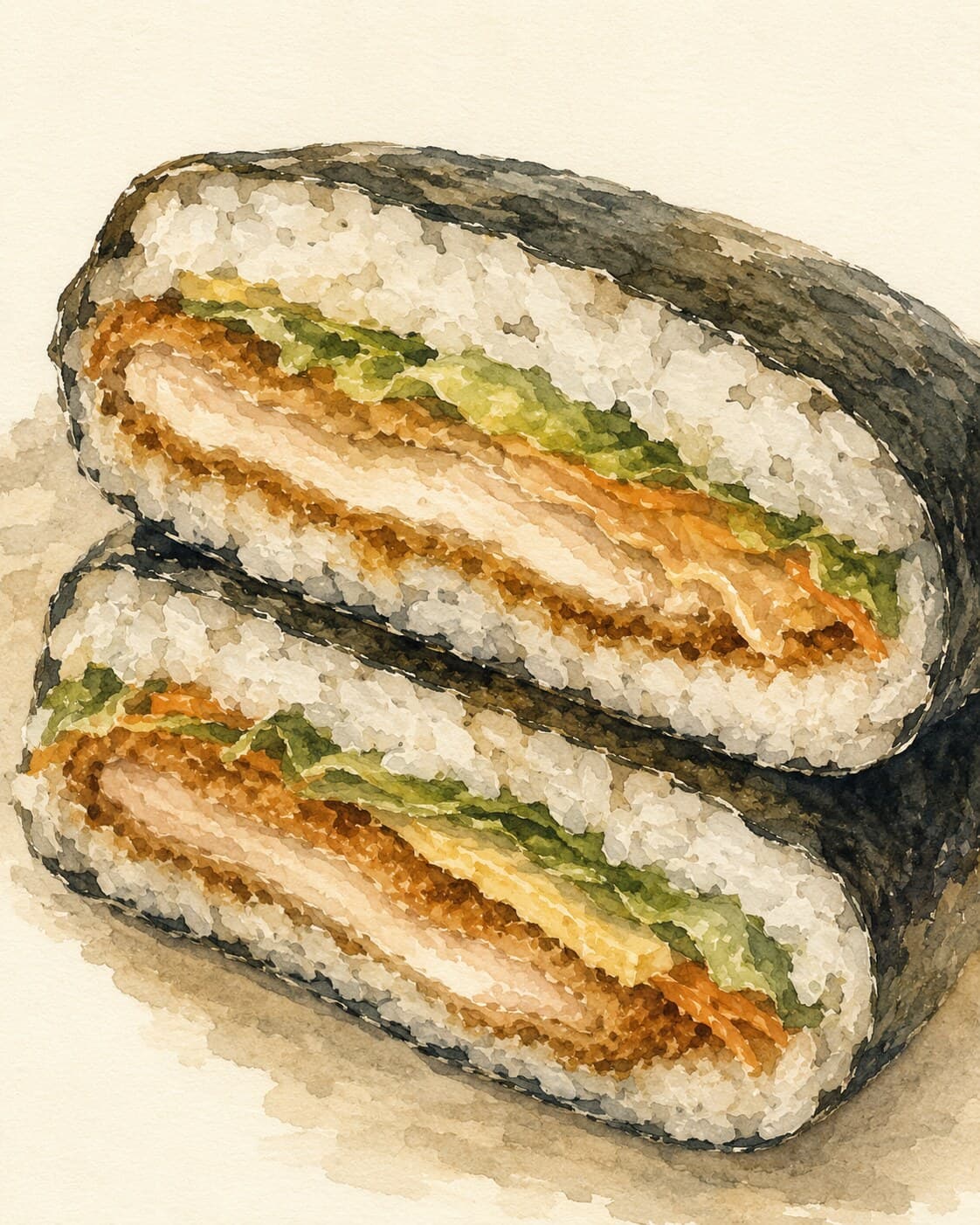 A beautifully crafted onigirazu rice sandwich, showcasing its layers of rice and filling, wrapped in nori.