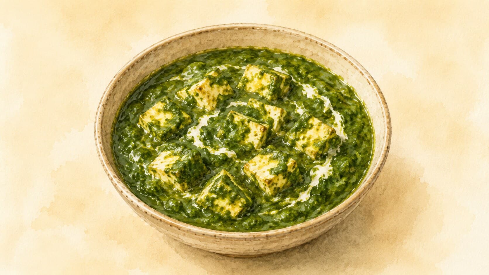 A deep green spinach curry with paneer cubes and a swirl of cream, showcasing its rich texture.
