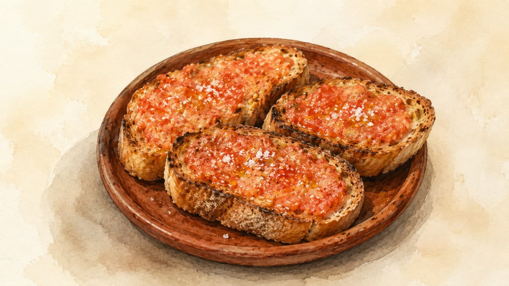 Two halves of toasted country bread topped with glossy tomato pulp and drizzled with olive oil on a wooden board.