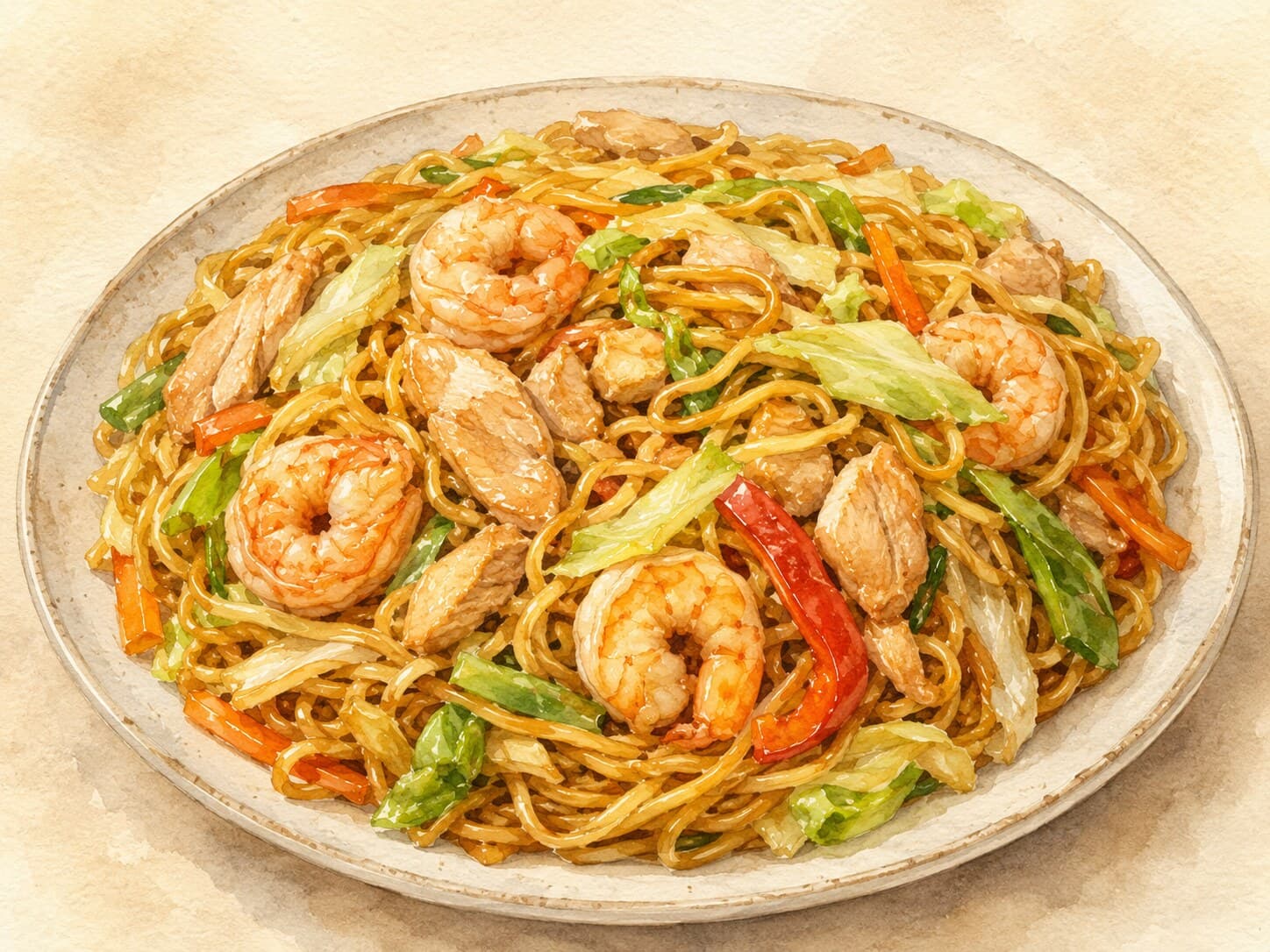 A tangle of glossy stir-fried wheat noodles with shrimp, cabbage, carrot, and snow peas, with a calamansi wedge on the side.