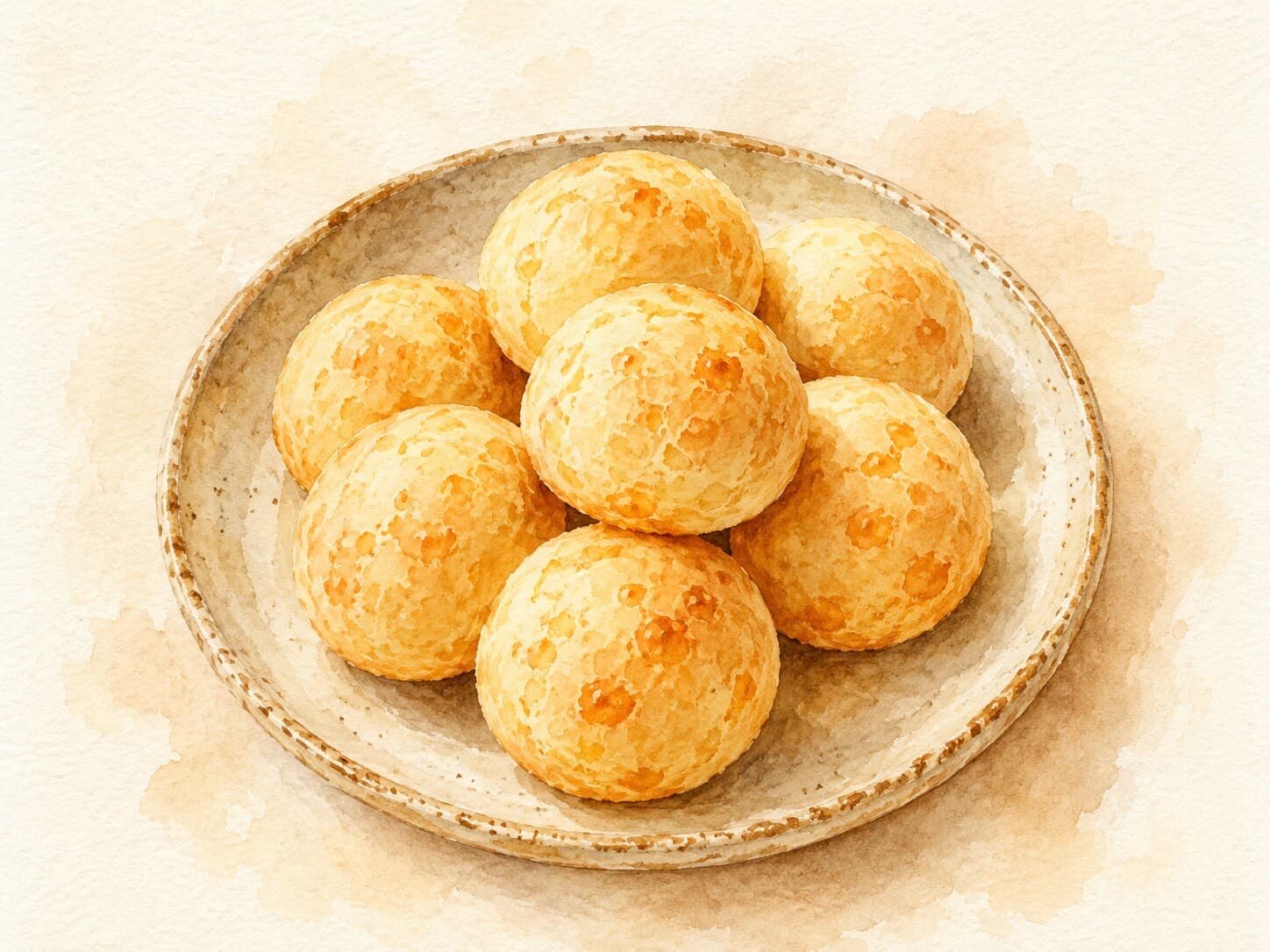 A beautifully illustrated Pao de Queijo on a warm cream background, showcasing its golden-brown exterior.